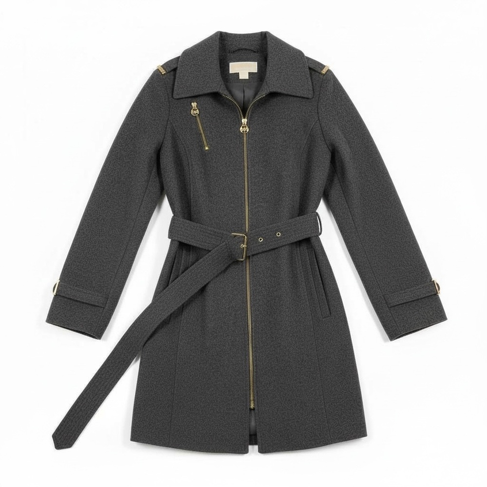 Michael Kors Charcoal Gray Wool Blend Belted Zip Coat Gold Hardware